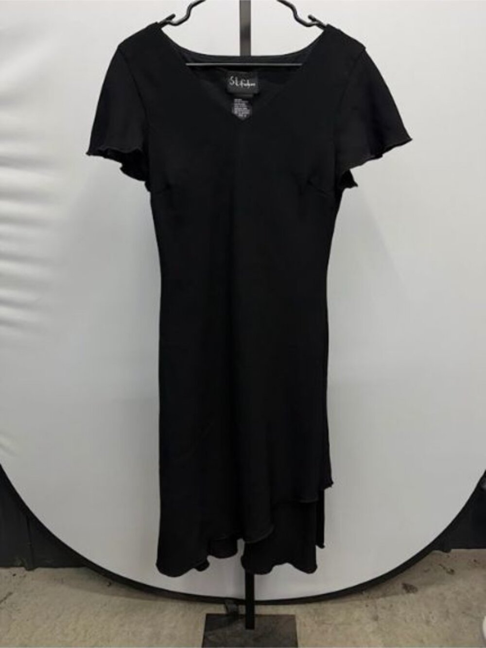 SL Fashions Black Short Sleeve V-Neck Ruffle Hem Dress
